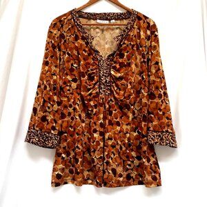 SUSAN GRAVER Womens Tunic Top Size 2X Brown Liquid Knit  Boho Stretch Pleated
